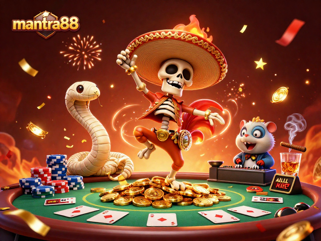 Experience the thrill of mantra88 gaming with a festive 3D scene of characters celebrating on a poker table.