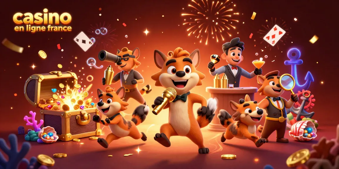 Le casino en ligne France offre une animation dynamique avec des hyènes présentant des performances comiques tout en célébrant avec des jetons et des cartes flottantes.