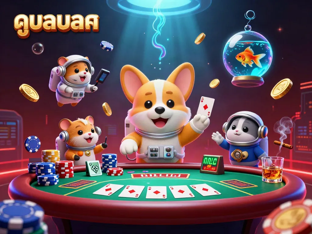 Experience intense betting excitement with ดูบอลสด in a vibrant casino scene featuring floating 3D cartoon characters and poker elements.