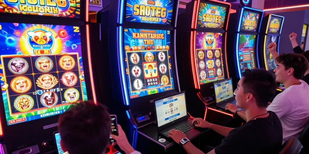 Pengalaman bermain slot gacor hari ini dengan suasana kasino virtual yang penuh warna dan pemain merayakan kemenangan.