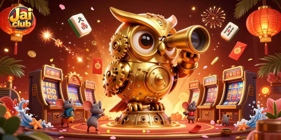 Experience the excitement of Jai club with a cartoonish casino scene featuring dynamic slot machines and festive elements.