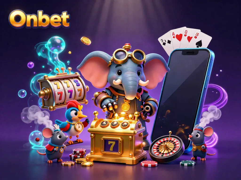 Experience excitement with Onbet's dynamic 3D casino scene featuring a steampunk elephant and colorful slot elements.