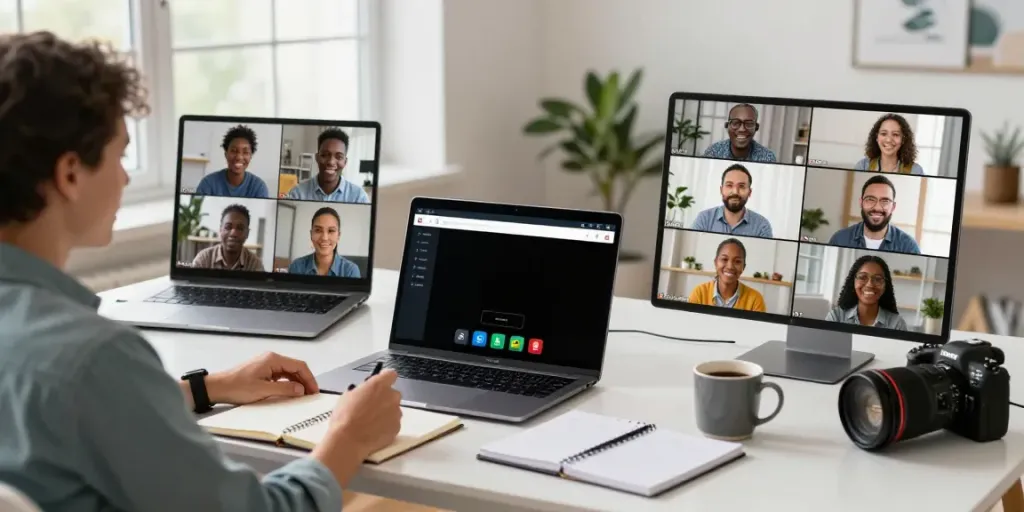 Professionals in diverse settings using deepfake free meetings technology during a virtual conference.