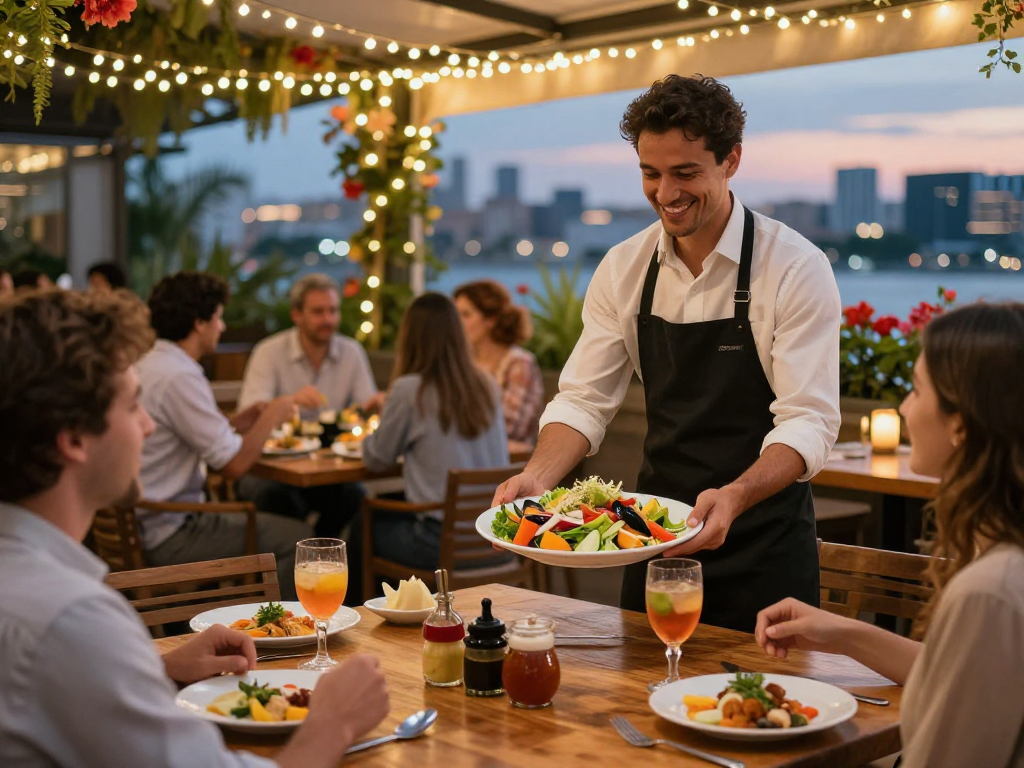 Best ensalada mixta near me served beautifully outdoors at a lively restaurant terrace.