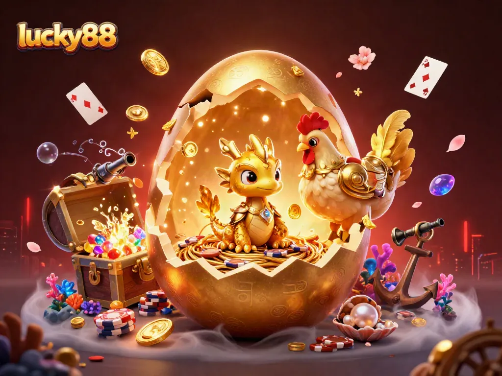 Experience the thrill of lucky88 with a golden dragon and poker chips amidst rich casino elements.