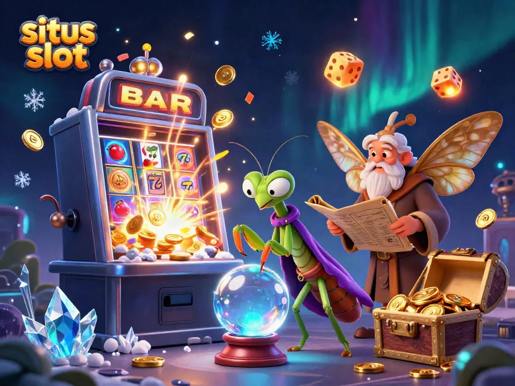 Ilustrasi situs slot menampilkan mantis peramal 3D dan librarian ngengat dalam suasana kasino yang magis.