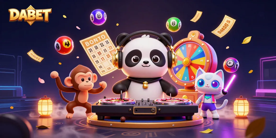 DABET showcases a vibrant 3D illustration of a DJ panda, breakdancing monkey, and kitten, surrounded by lottery elements and excitement.