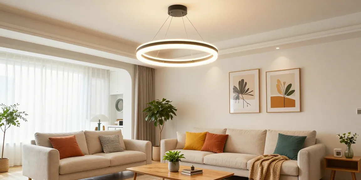 Lustra living modernă într-un decor confortabil și elegant, cu iluminare caldă și design contemporan.
