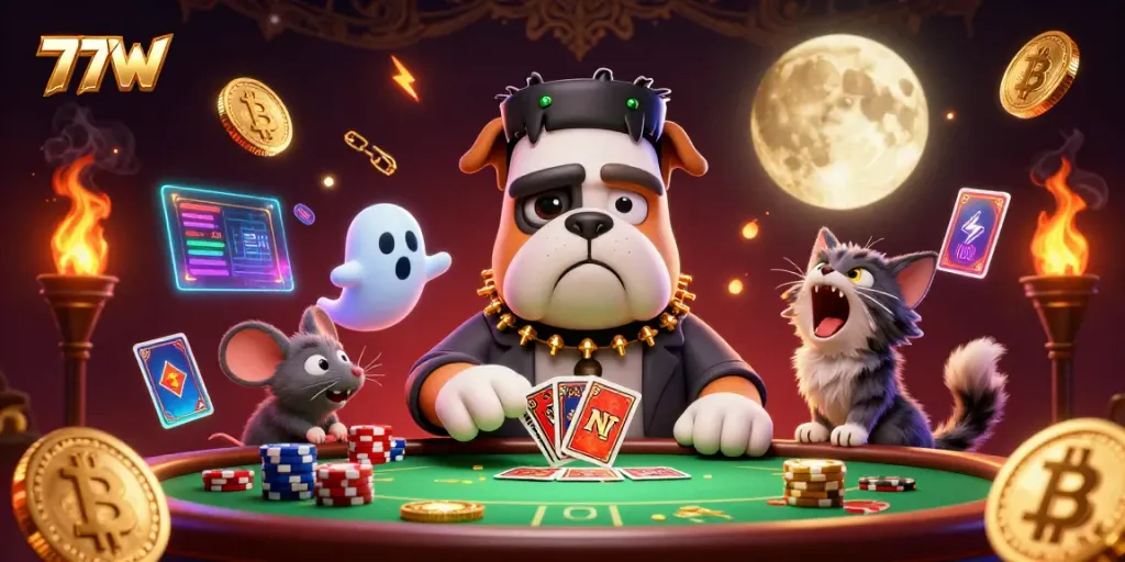 Experience thrilling card games at 77W casino with vibrant characters and glowing elements.