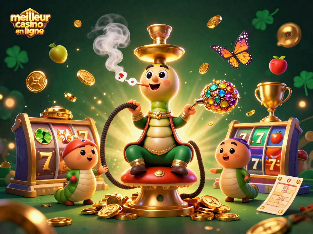 Gagnez en découvrant le meilleur casino en ligne avec une illustration dynamique d'un maître de narguilé et des éléments de jeu captivants.