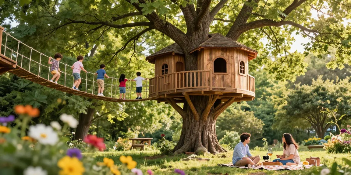Joyful tree house life scene with children playing and families enjoying nature.