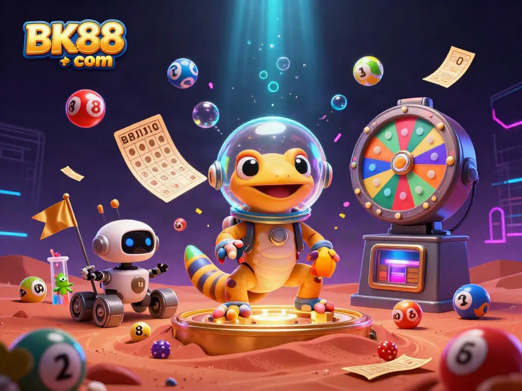 Experience excitement at BK88 com with a lively Martian gecko exploring a golden casino amidst vibrant game elements.