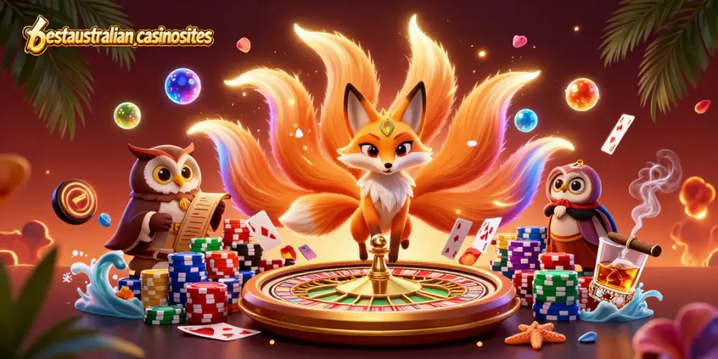 Spin the wheel of fortune at bestaustraliancasinosites with vibrant 3D casino elements and characters.