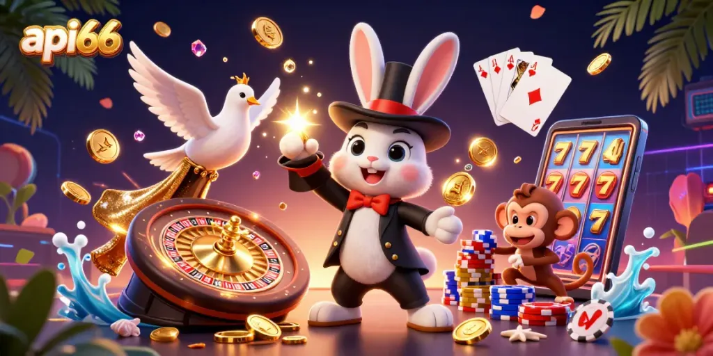 api66 casino scene featuring a magician rabbit, glamorous dove, and monkey with poker chips amidst golden coins and roulette wheel.