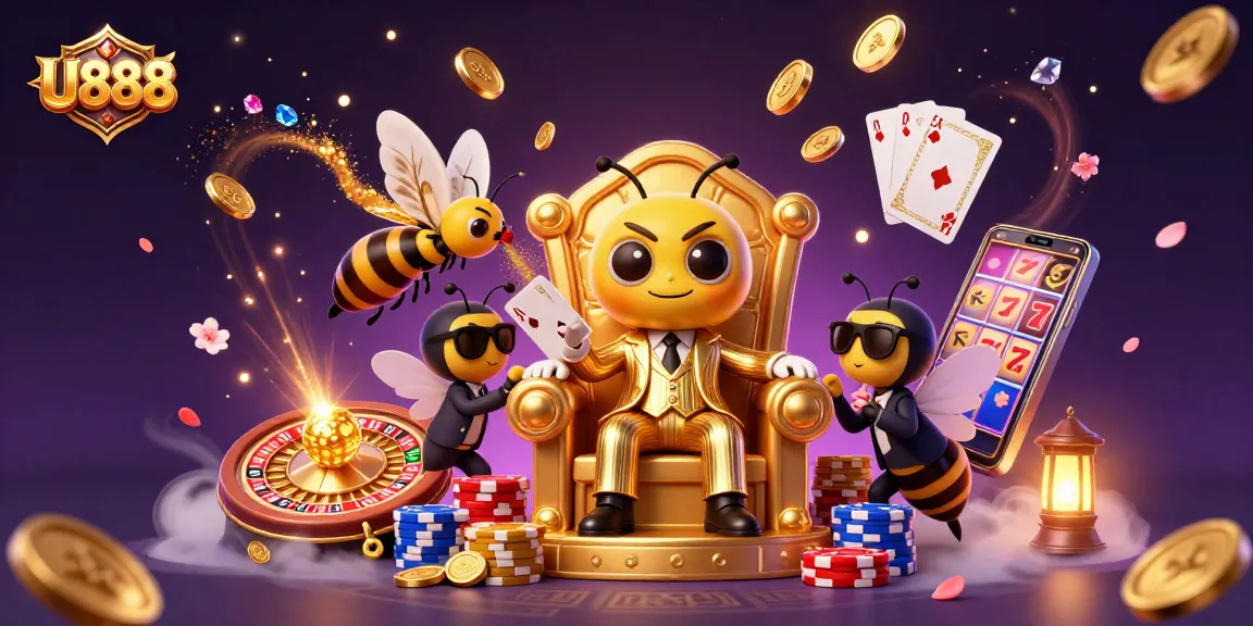 U888 showcases a dynamic casino scene with a bee mob boss and dazzling game elements.