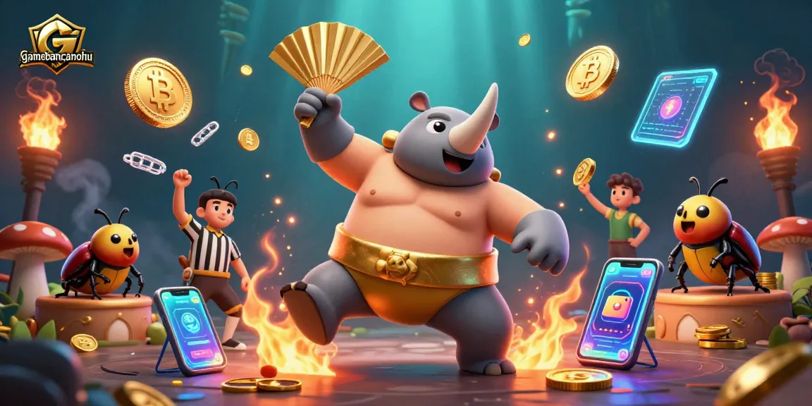 Experience thrilling gaming action with gamebancanohu featuring a beetle sumo match amidst crypto elements.
