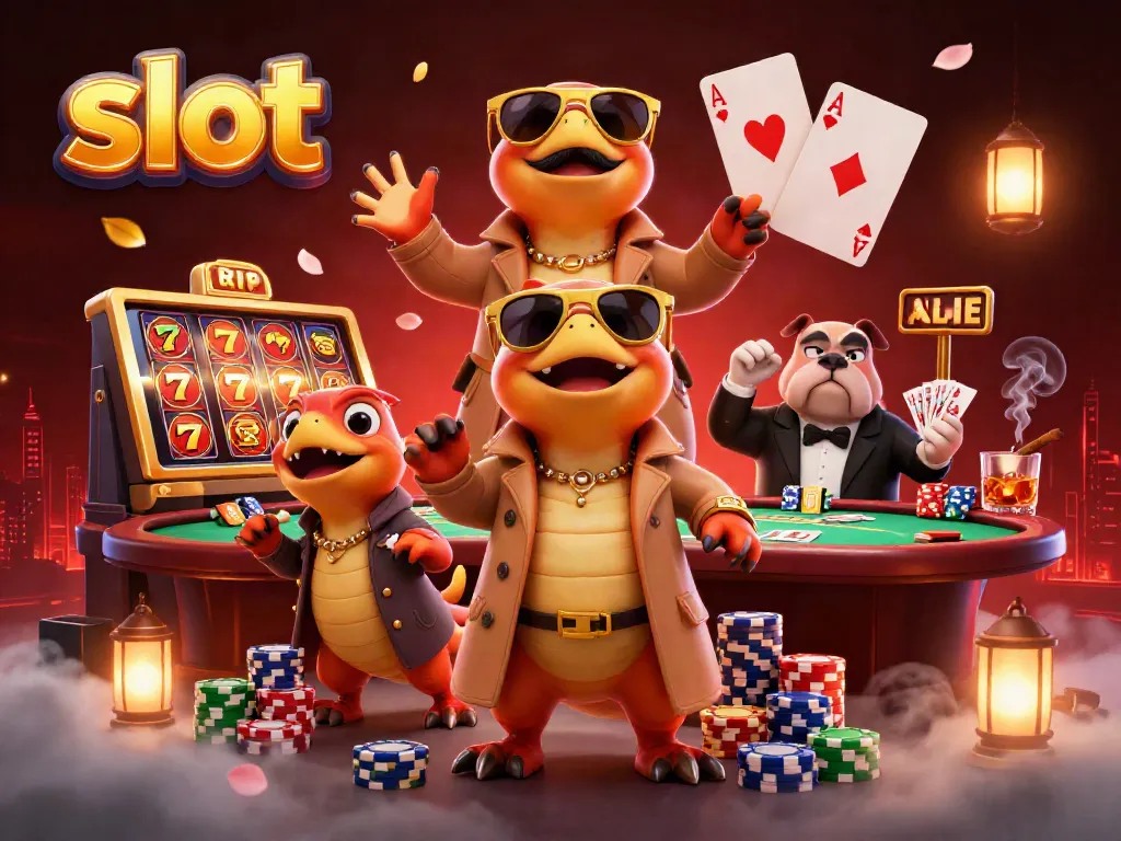 Rasakan sensasi menang slot di dunia kasino dengan raptor dalam jas dan suasana visual berkilau.
