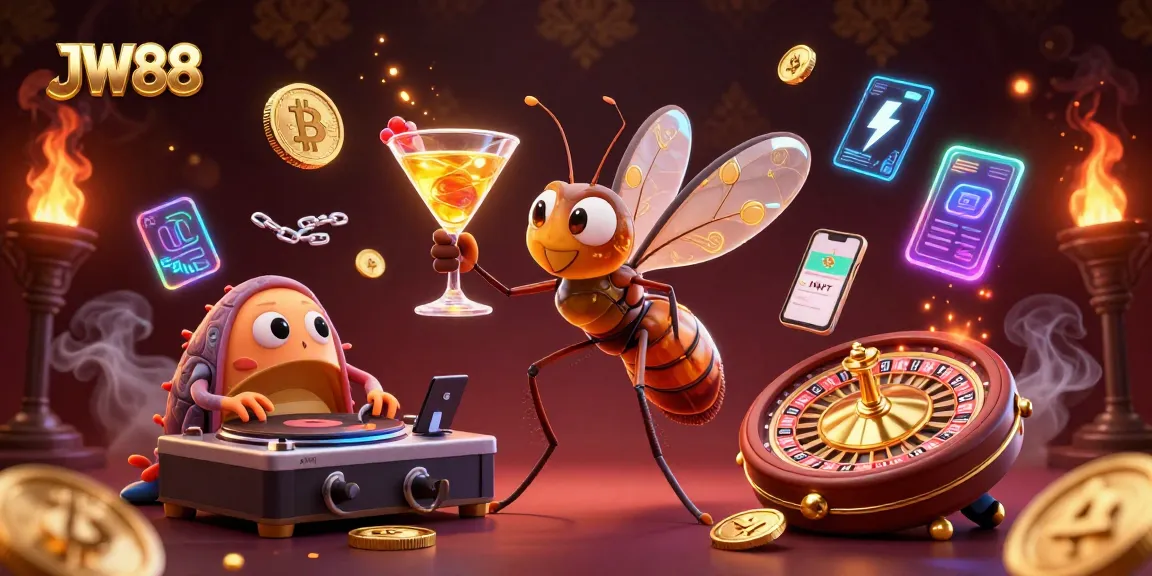 Experience the excitement of JW88 with a dynamic casino scene featuring unique characters and rich gaming elements.