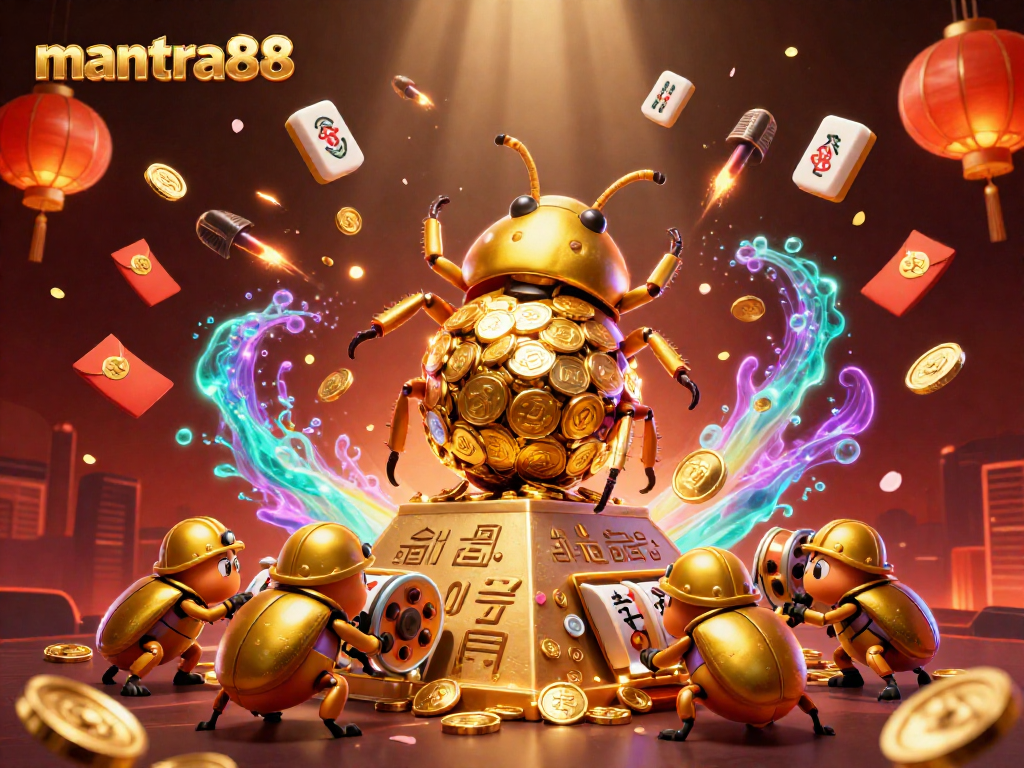 Experience excitement at mantra88 with a golden beetle rolling coins surrounded by casino elements.