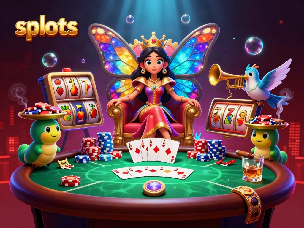 Experience thrilling slots gameplay with a royal butterfly queen and vibrant casino elements.