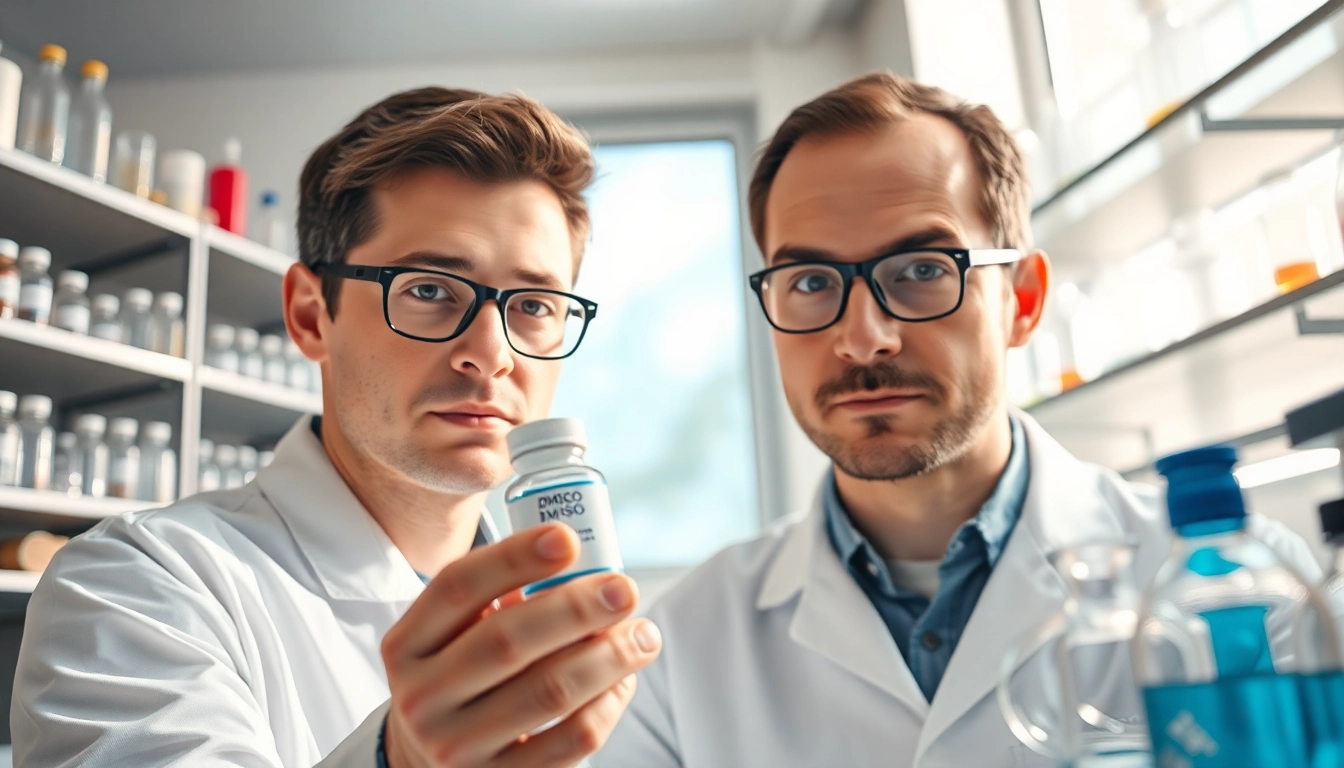 Chemist examining dmso supplement in a modern laboratory setting, demonstrating scientific exploration.