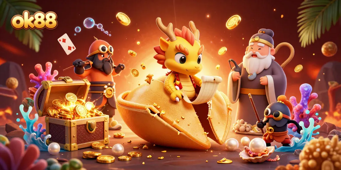 Engage with ok88's immersive gaming world featuring golden fortune cookie and dragon guardians.
