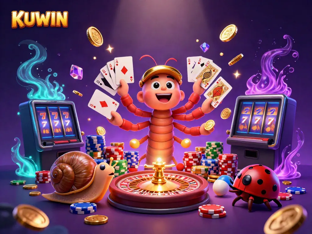 KUWIN online casino features a lively scene with a playful millipede dealer surrounded by vibrant chips and cards.