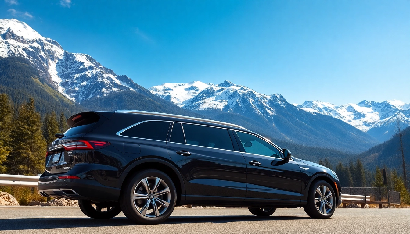 Experience the vancouver to whistler car service with luxury vehicle parked in a scenic mountain backdrop.