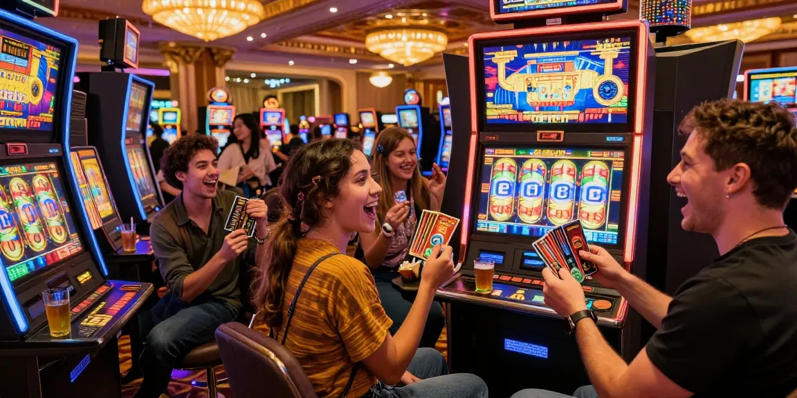 Friends enjoying slot jepang gaming experience at a colorful casino