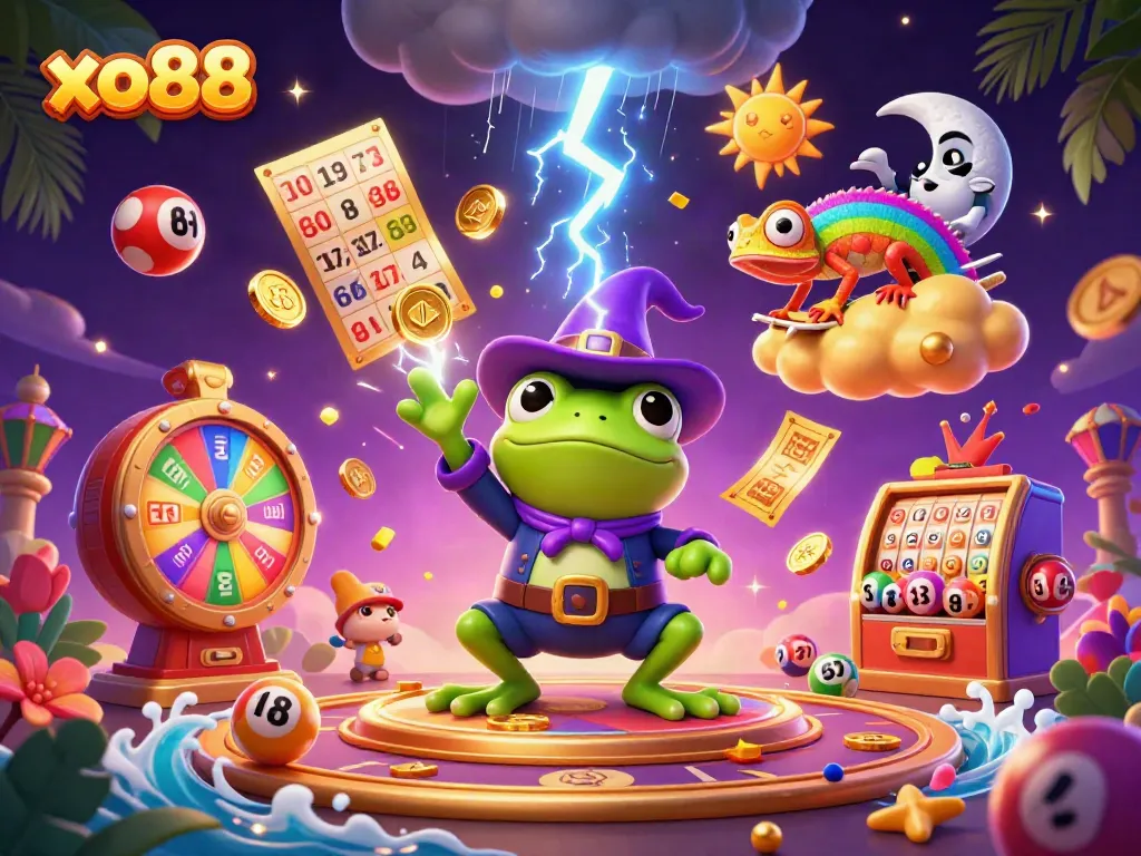 Experience the thrill of xo88 with colorful lottery elements and vibrant characters in this vibrant gambling scene.