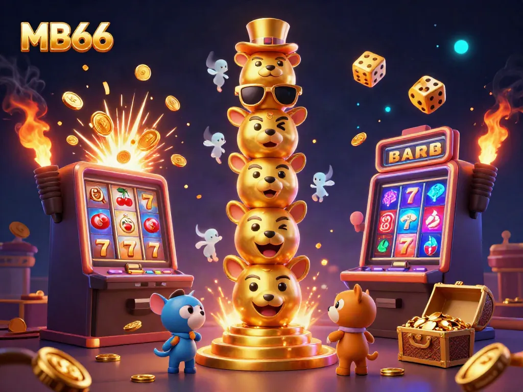 Experience the excitement of MB66 casino with a vibrant jackpot scene bursting with golden treasures and animated characters.