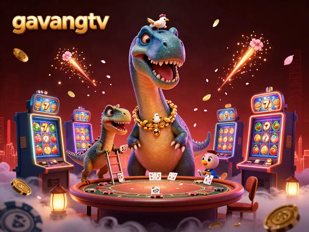 Experience the excitement of gavangtv with this vibrant illustration of a dinosaur-themed casino adventure.