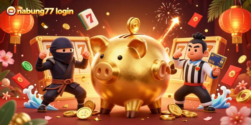 Experience excitement with nabung77 login as a piggy bank sumo wrestler drops gold coins and spins lucky reels.