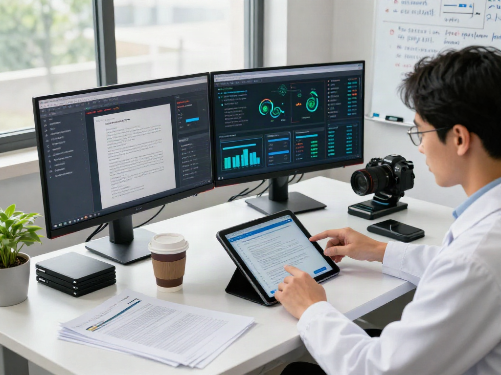 Data analyst examining digital documents with a document fraud detection solution in a high-tech lab.