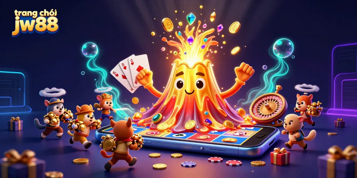 Experience the excitement of trang chủ jw88 with treasures erupting from a golden volcano in this vibrant 3D illustration.