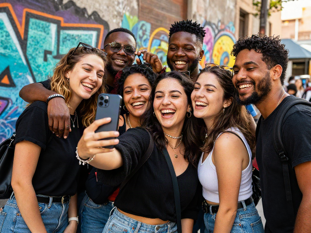 Group of friends enjoying a day out, using an app to see how old do I look.