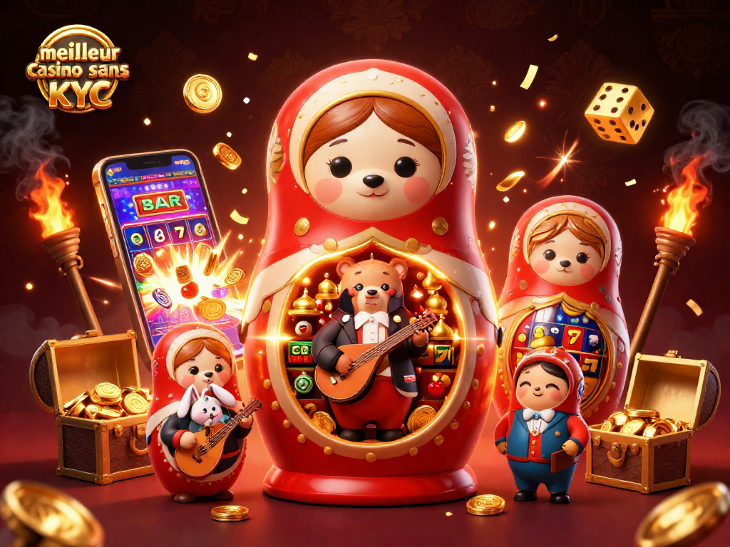 Visuel captivant du meilleur casino sans KYC avec des ours Matryoshka et machines à sous en action.