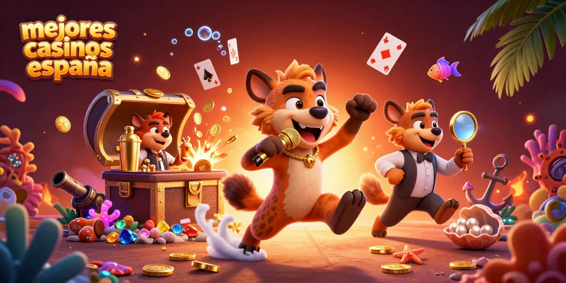 Ilustra los mejores casinos España con hiena en un club de comedia animado y vibrante.