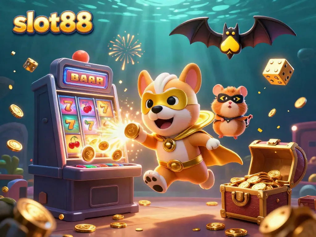 Engage with slot88 through a vibrant 3D illustration of a superhero dog flying with gold coins, surrounded by dynamic casino elements.