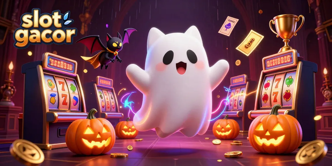 Engage with slot gacor adventures featuring a playful ghost cat and vibrant slot elements.