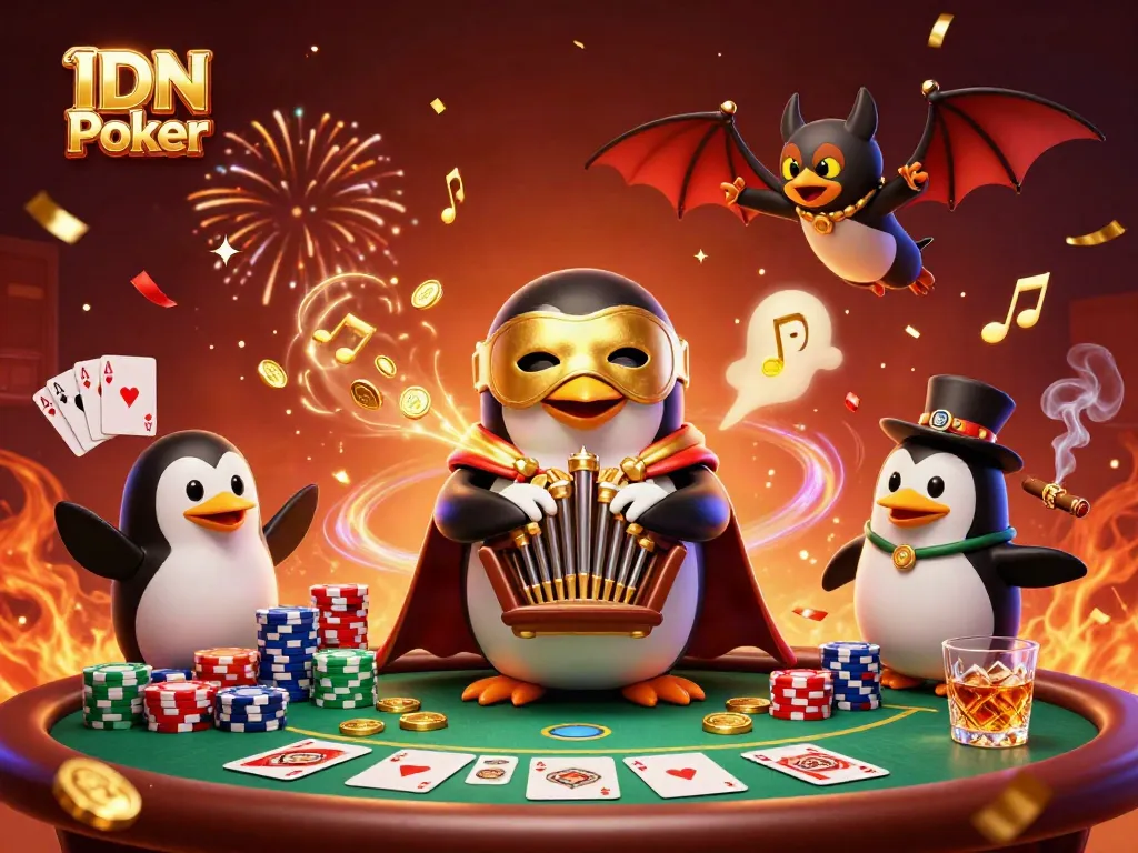 Engage in IDN Poker with vibrant gaming elements and animated characters in a rich casino scene.