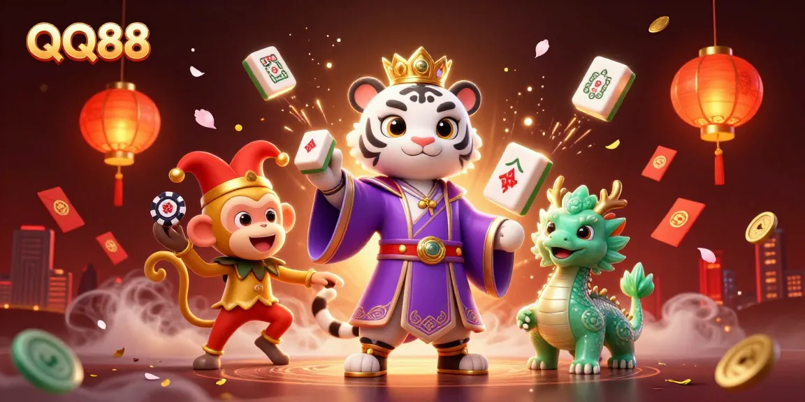 Play and win at QQ88 with a vibrant 3D casino-themed illustration featuring a royal tiger and jester.