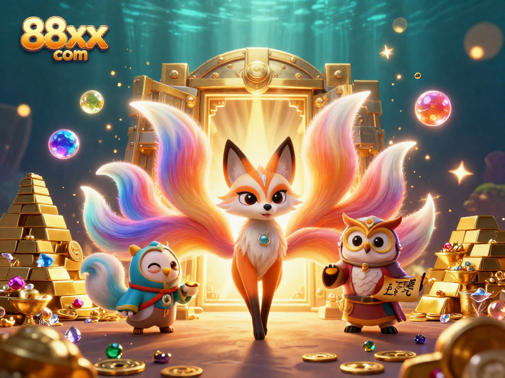 Experience thrilling gameplay at 88xx com with a vibrant depiction of a nine-tailed fox and glowing treasures.