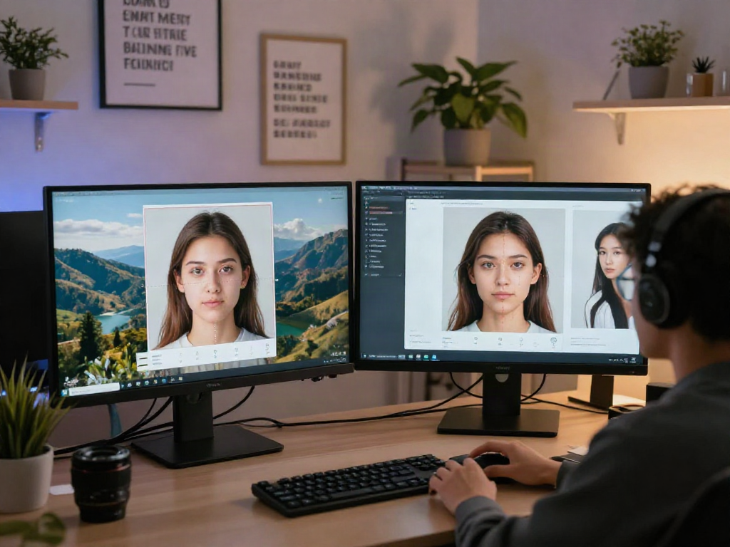 Test attractiveness with a modern AI interface and user engaging in analysis.