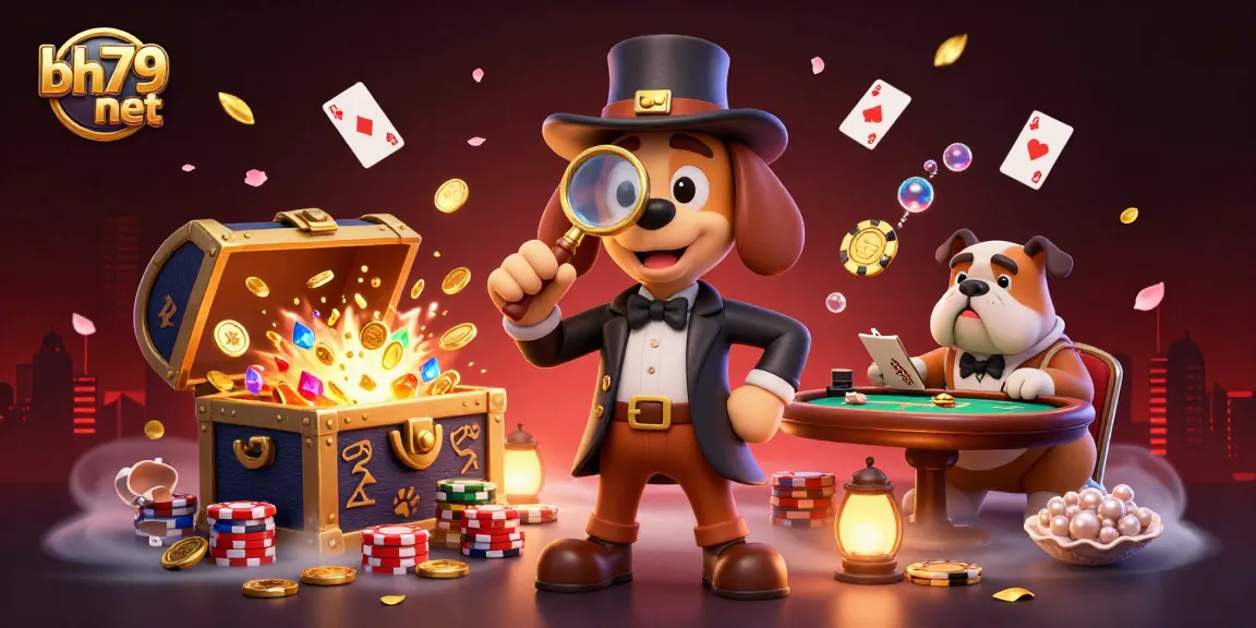 Engage with bh79 net's thrilling gaming scene featuring cartoon detectives uncovering poker treasures.