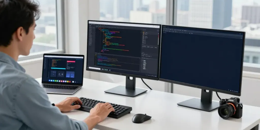 Developer coding on dual monitors at https://notepad-app.co/ with modern office setup.