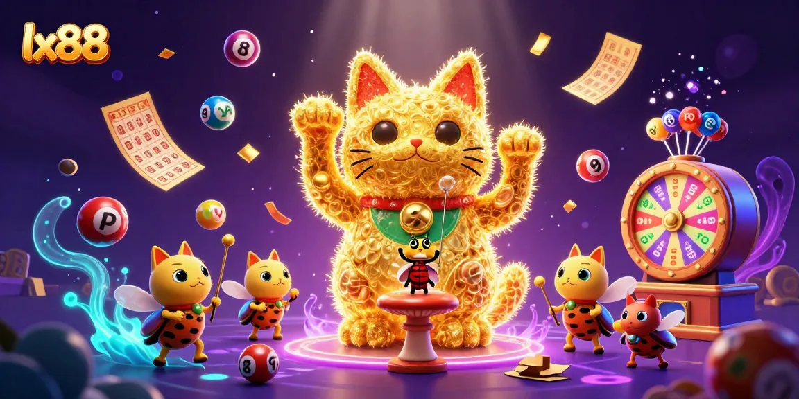 Engage with the vibrant lx88 themed illustration depicting a lucky cat and dynamic casino symbols.