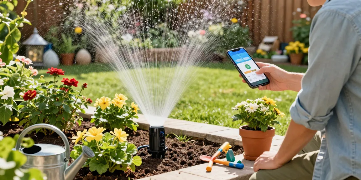 Smart sprinkler efficiently watering a vibrant flower bed in a home garden.