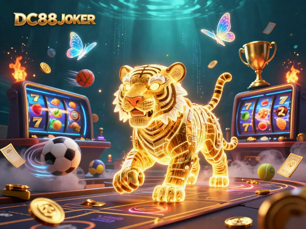 Engaging scene at DC88JOKER showcasing a golden tiger and holographic butterflies amidst dynamic slot reels and casino elements.