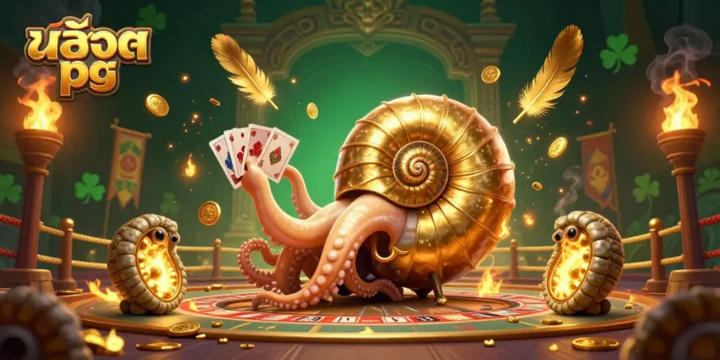Experience the thrill of สล็อต pg with the giant nautilus casino illustration, showcasing cards and golden treasures in a vibrant setting.